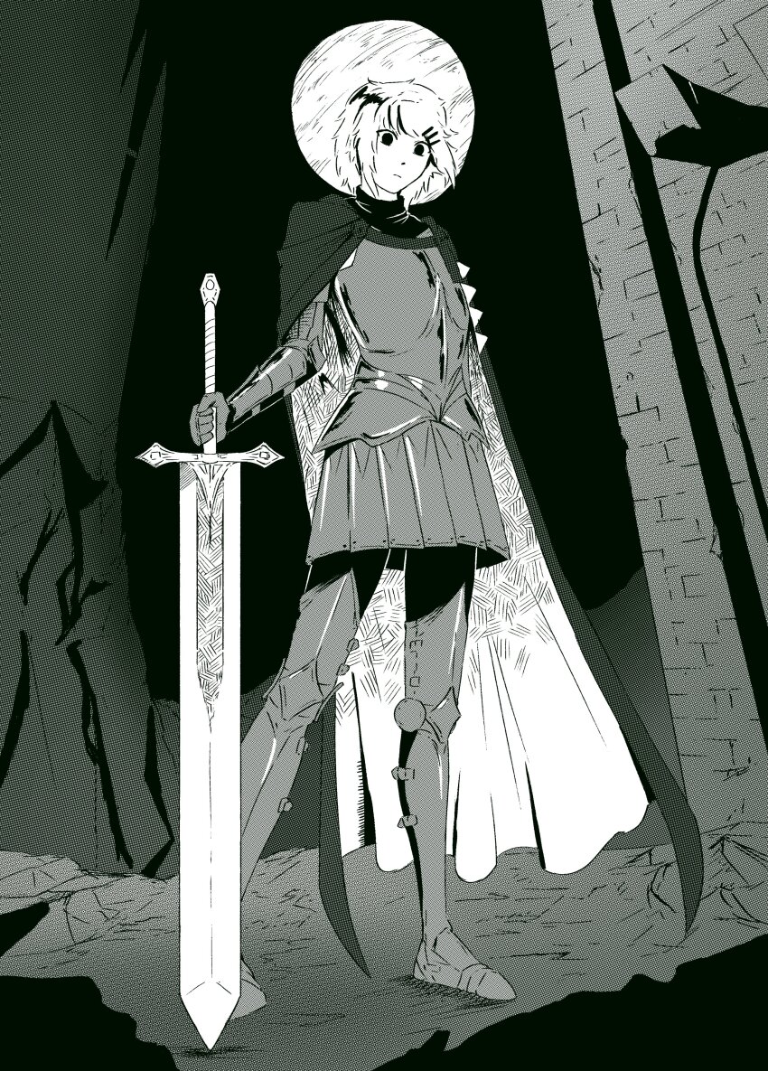 1girl absurdres armor armored_boots ben-day_dots black_sky boots cape castle commentary cuirass english_commentary expressionless faulds flat_chest floating_cape floating_hair from_below full_body full_moon gauntlets greaves hair_ornament hairclip hand_on_hilt high_contrast highres holding holding_sword holding_weapon knight legs_apart long_sword looking_down marie_(peripeteia) moon moon_behind_head moonlight night ornate_weapon outdoors partially_colored peripeteia sakotano screentones short_hair sky solid_circle_pupils solo standing sword weapon