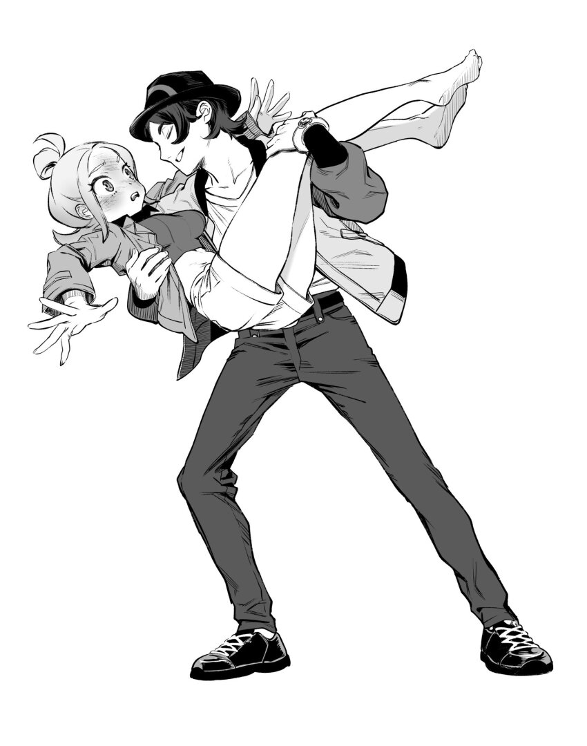 1boy 1girl barefoot blush breasts carrying carrying_person closed_eyes commentary_request full_body greyscale hair_bun hat hetero highres jacket long_sleeves looking_at_another medium_breasts mega_ring monochrome nintendo open_clothes pants paxton_(pokemon) pokemon pokemon_legends:_z-a princess_carry shirt shoes short_hair shorts simple_background single_hair_bun sneakers taunie_(pokemon) zizi_(azusako3)