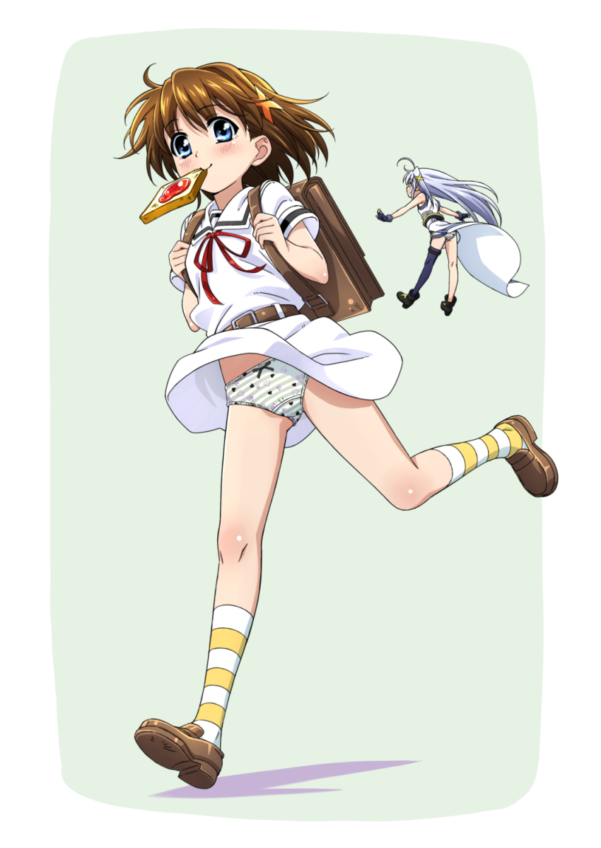 2girls backpack bag black_bow blue_eyes blush bow bow_panties bread bread_slice brown_hair crotch_seam dress food food_in_mouth grey_hair highres loafers long_hair looking_at_viewer lyrical_nanoha mahou_shoujo_lyrical_nanoha mini_person minigirl miyajima_hitoshi mouth_hold multiple_girls neck_ribbon panties pantyshot print_panties reinforce_zwei ribbon sailor_dress shoes short_hair smile socks striped_clothes striped_socks toast toast_in_mouth underwear yagami_hayate