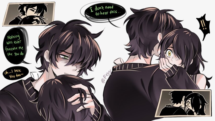 ! !! 1boy 1girl andrew_graves artist_name black_hair black_sweater black_tank_top covering_own_mouth derivative_work english_text fake_screenshot felichiii green_eyes green_hair hair_over_one_eye half-closed_eyes hand_on_another&#039;s_head hand_over_own_mouth highres julia_(the_coffin_of_andy_and_leyley) long_hair reference_inset screenshot_redraw shaded_face speech_bubble sweater tank_top the_coffin_of_andy_and_leyley twitter_username yellow_eyes