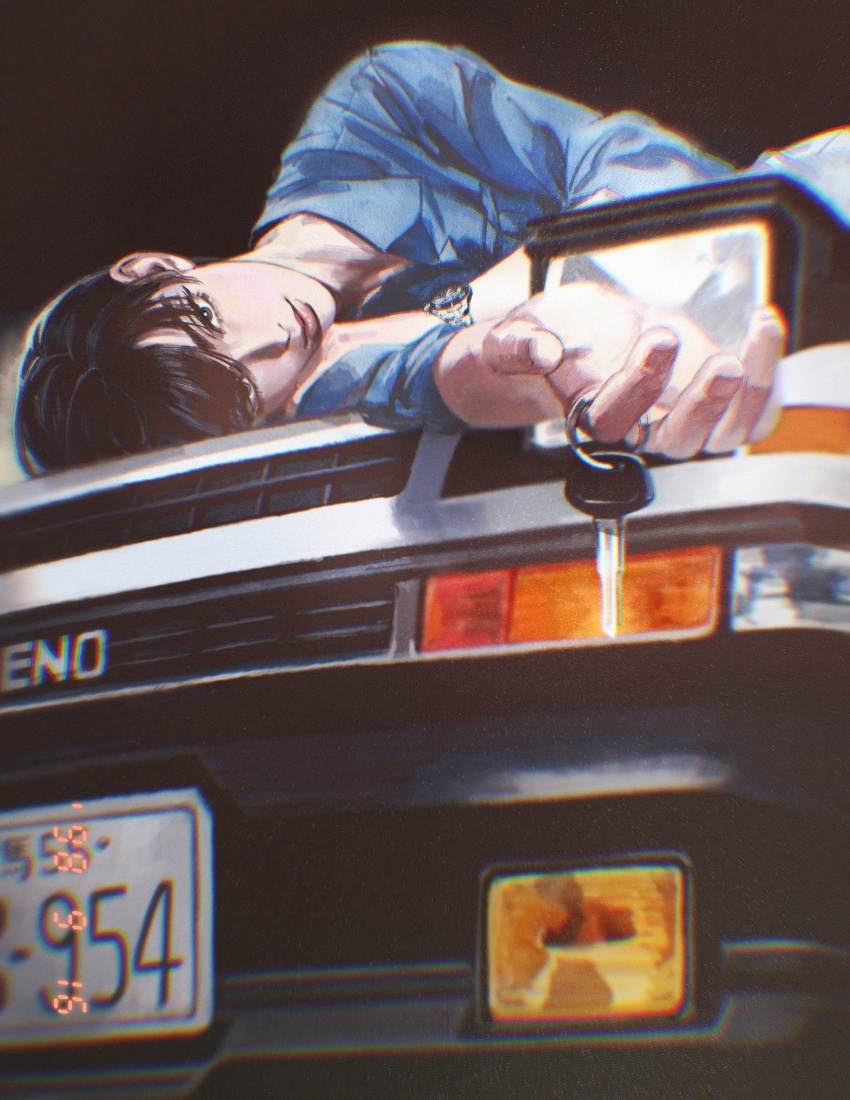 1boy black_hair blue_shirt car car_keys eyelashes headlight_beam highres holding holding_key initial_d key long_sleeves looking_at_viewer lying mazda_rx-7 mazda_rx-7_fc motor_vehicle on_side pale_skin parted_bangs photo_(object) rassiere retro_artstyle shirt short_hair solo solo_focus takahashi_ryousuke upper_body watch white_car wristwatch