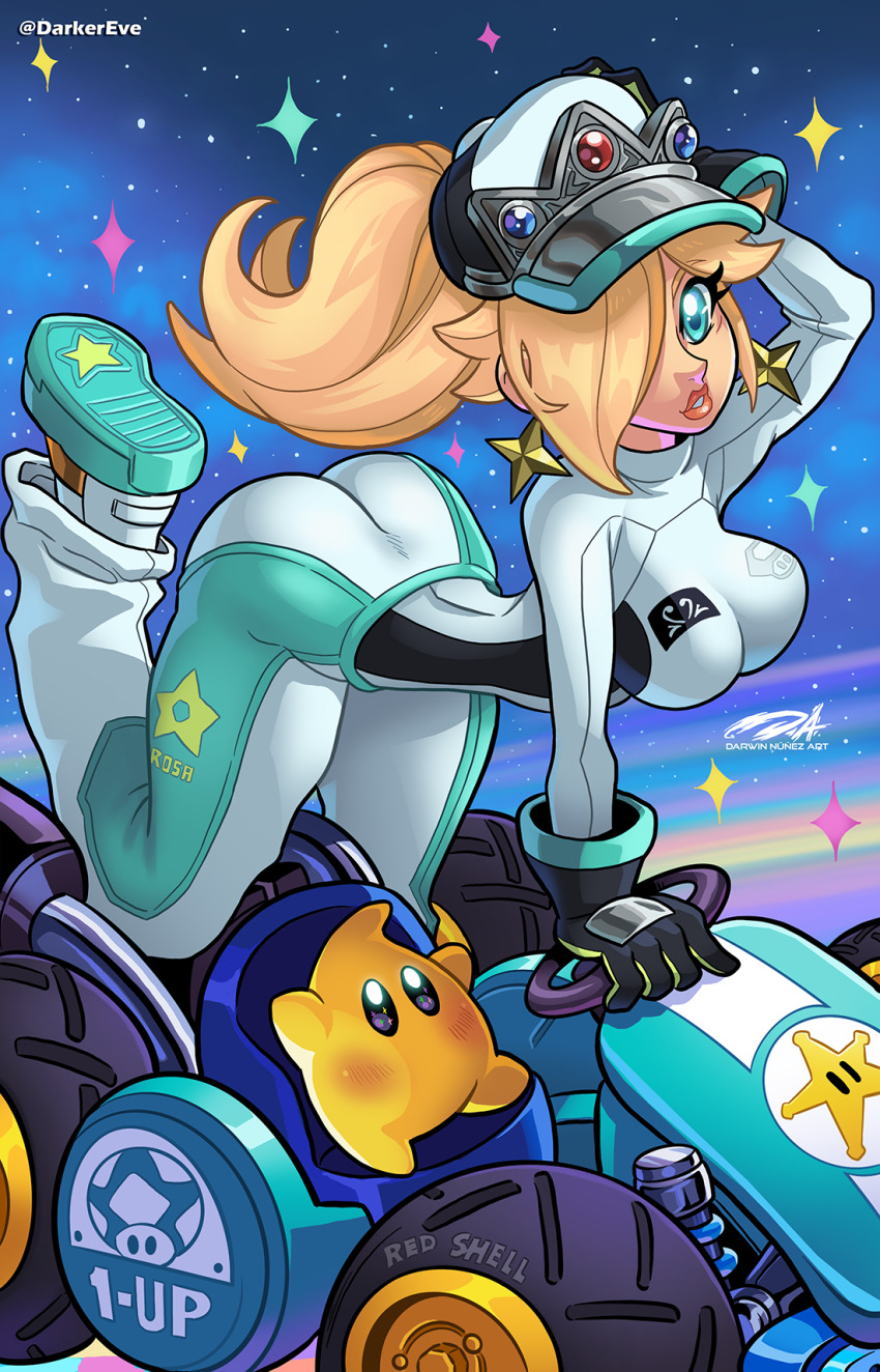 ass baggy_pants bent_over blonde_hair blue_eyes breasts darkereve earrings gloves go-kart hair_over_one_eye hat highres jewelry long_hair luma_(mario) mario_(series) mario_kart mario_kart_world nintendo pants ponytail rosalina shirt star_(symbol) star_earrings tight_clothes tight_shirt
