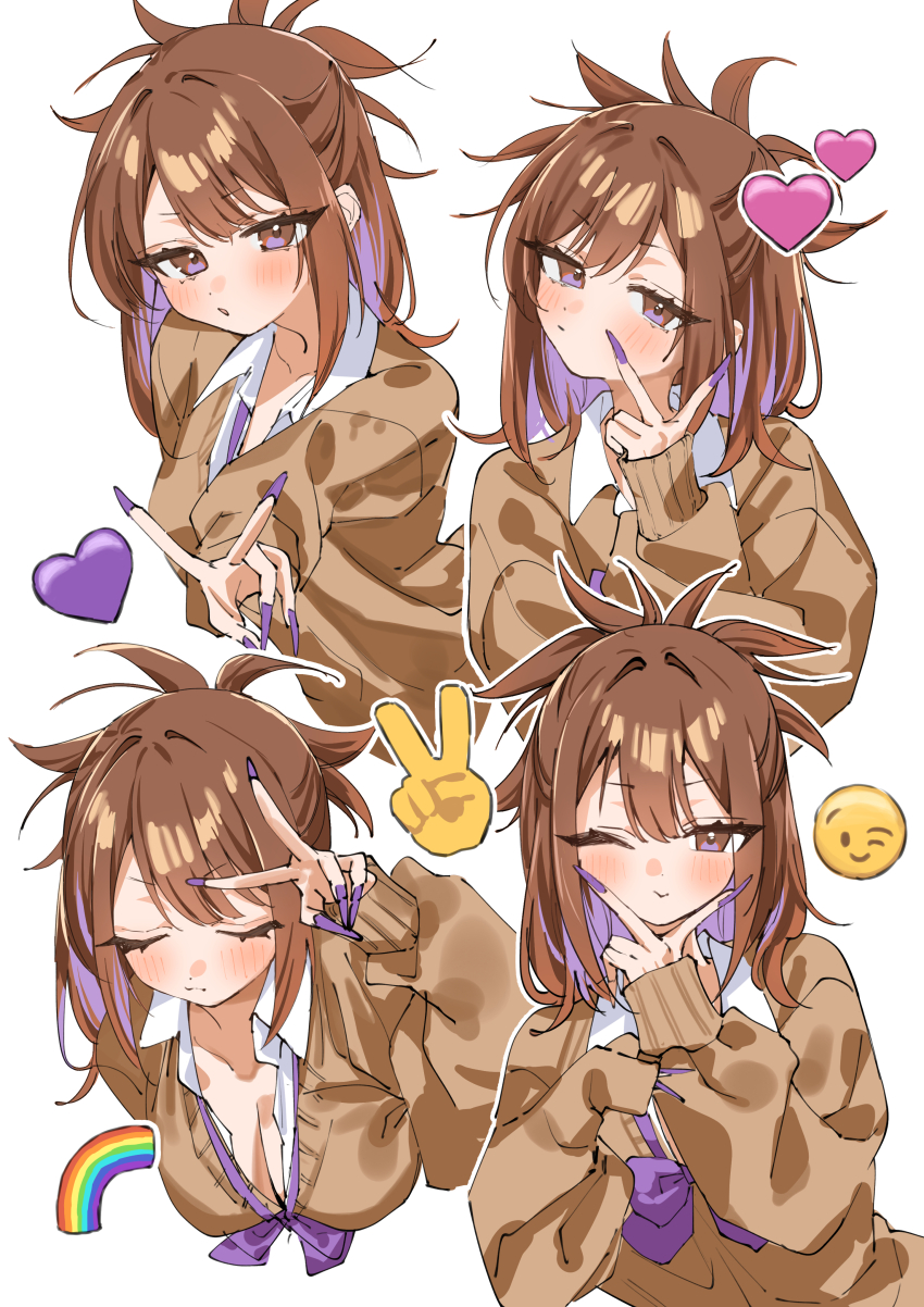 1girl absurdres bow bowtie breasts brown_eyes brown_hair brown_sweater cleavage closed_eyes collared_shirt colored_inner_hair emoji expressionless gyaru gyaru_v heart highres long_hair long_sleeves looking_at_viewer loose_bowtie misekiss multicolored_hair multiple_views one_eye_closed original purple_bow purple_bowtie purple_eyes purple_hair purple_nails rainbow shirt simple_background sweater v v_over_head white_background white_shirt