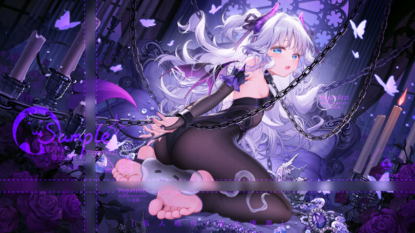 1girl bare_shoulders black_leotard black_pantyhose blue_eyes breasts bug butterfly chain demon_girl demon_tail demon_wings detached_sleeves grey_hair hair_ornament highres insect leotard long_hair looking_at_viewer looking_back no_shoes open_mouth original pantyhose restrained sitting slime_(creature) small_breasts soles strapless strapless_leotard suaynnai_wanzi tail thighs toes wings