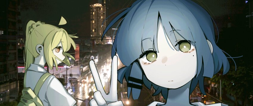 2girls absurdres ahoge blonde_hair blue_hair bocchi_the_rock! detached_ahoge hair_ornament hairclip highres ijichi_nijika long_hair looking_at_viewer machuuu68 medium_hair mole mole_under_eye multiple_girls red_eyes shirt side_ponytail v white_shirt yamada_ryo yellow_bag yellow_eyes