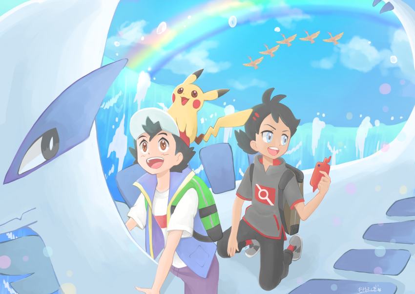 2boys absurdres ash_ketchum backpack bag baseball_cap black_hair black_pants blue_eyes blue_vest brown_eyes cellphone day fearow gen_1_pokemon gen_2_pokemon gen_4_pokemon goh_(pokemon) grey_footwear grey_shirt hat highres holding holding_phone legendary_pokemon lugia multiple_boys nintendo pants phone pikachu pokemon pokemon_(anime) pokemon_(creature) pokemon_journeys rainbow red_headwear rotom rotom_phone shirt short_hair short_sleeves shorts sky smartphone vest white_shirt