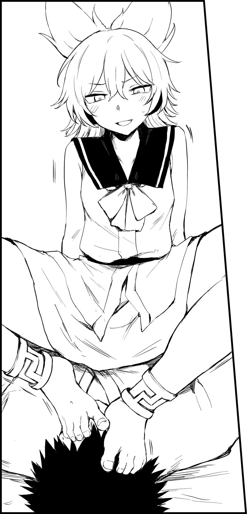 1boy 1girl :d absurdres anklet bare_legs barefoot bow bowtie commentary_request feet femdom foot_on_another&#039;s_face girl_on_top greyscale hair_between_eyes hetero highres ikeda_yamada jewelry light_blush looking_down medium_hair monochrome motion_lines naughty_face open_mouth pointy_hair sailor_collar shirt short_hair simple_background sitting sitting_on_person skirt sleeveless sleeveless_shirt smile spread_legs toenails toes touhou toyosatomimi_no_miko v-shaped_eyebrows white_background