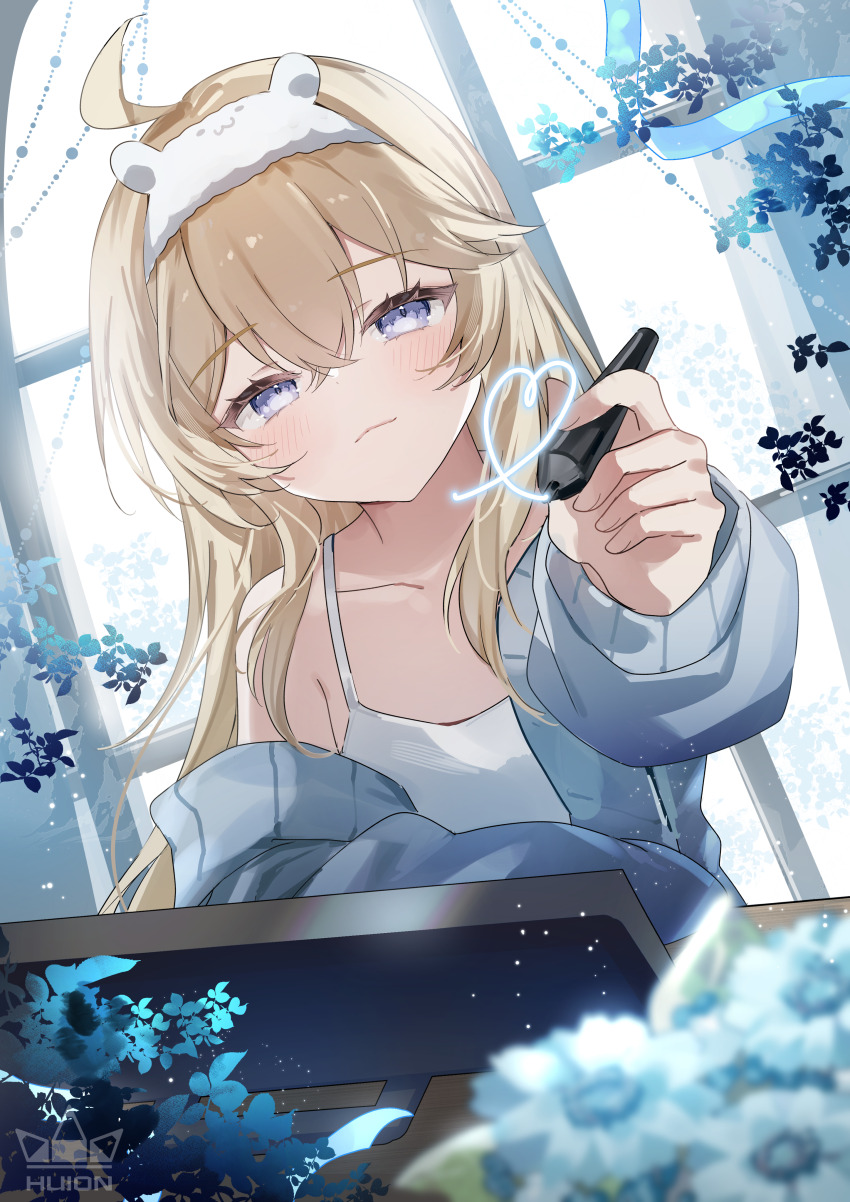 1girl absurdres ahoge arm_rest blonde_hair blue_cardigan blue_eyes blue_flower blue_ribbon blush camisole cardigan closed_mouth collarbone double-parted_bangs drawing_tablet drawn_heart flat_chest flower foreshortening fur_hairband hair_between_eyes hairband highres holding holding_stylus huion indoors light_particles long_hair long_sleeves looking_at_viewer official_art open_cardigan open_clothes original plant ribbon sidelocks single_bare_shoulder single_off_shoulder solo sorani_(kaeru0768) stylus table upper_body white_camisole white_hairband window