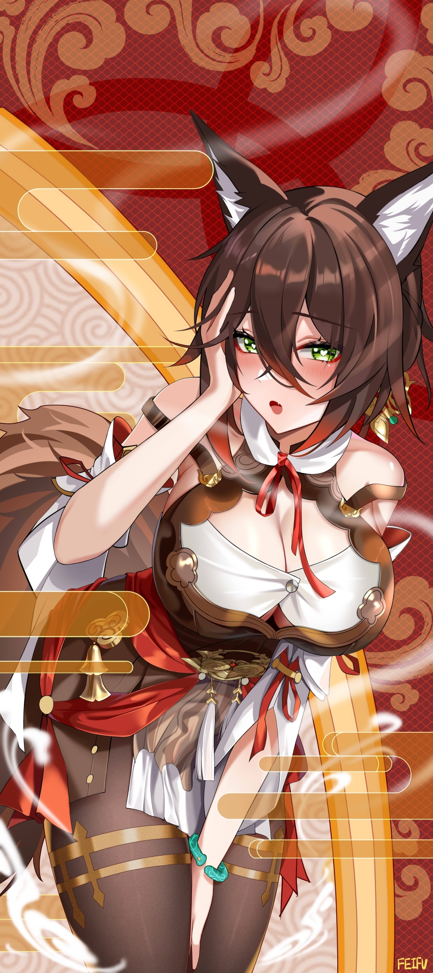 1girl absurdres adapted_costume alternate_breast_size animal_ears bare_shoulders between_legs black_pantyhose borrowed_clothes bracelet breasts bright_pupils brown_dress brown_hair brown_tail chinese_clothes chinese_commentary cleavage collar commentary_request cosplay cowboy_shot detached_sleeves dress eyeliner fang feifu fox_ears fox_girl fox_tail ganyu_(genshin_impact) ganyu_(genshin_impact)_(cosplay) genshin_impact green_eyes hair_between_eyes hand_between_legs hand_on_own_head heart heart-shaped_pupils highres honkai:_star_rail honkai_(series) huge_breasts jewelry leaning_forward looking_at_viewer makeup open_mouth pantyhose red_eyeliner red_ribbon ribbon signature skin_fang solo standing symbol-shaped_pupils tail tingyun_(harmony)_(honkai:_star_rail) tingyun_(honkai:_star_rail) white_collar white_pupils white_sleeves