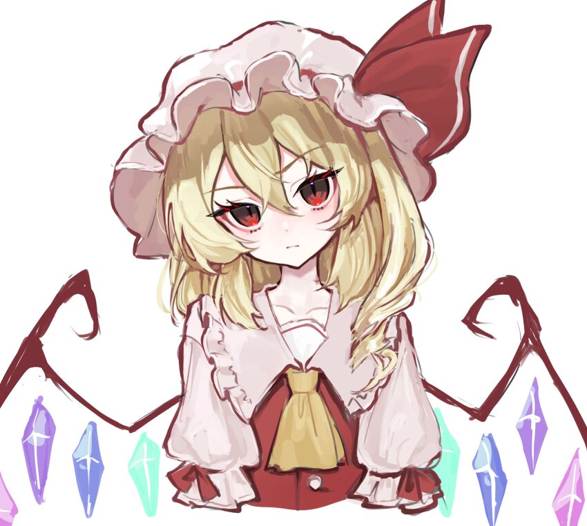 1girl aorin_oekaki blonde_hair crystal_wings flandre_scarlet hat highres long_hair mob_cap pink_hat red_eyes red_shirt shirt simple_background solo touhou upper_body white_background