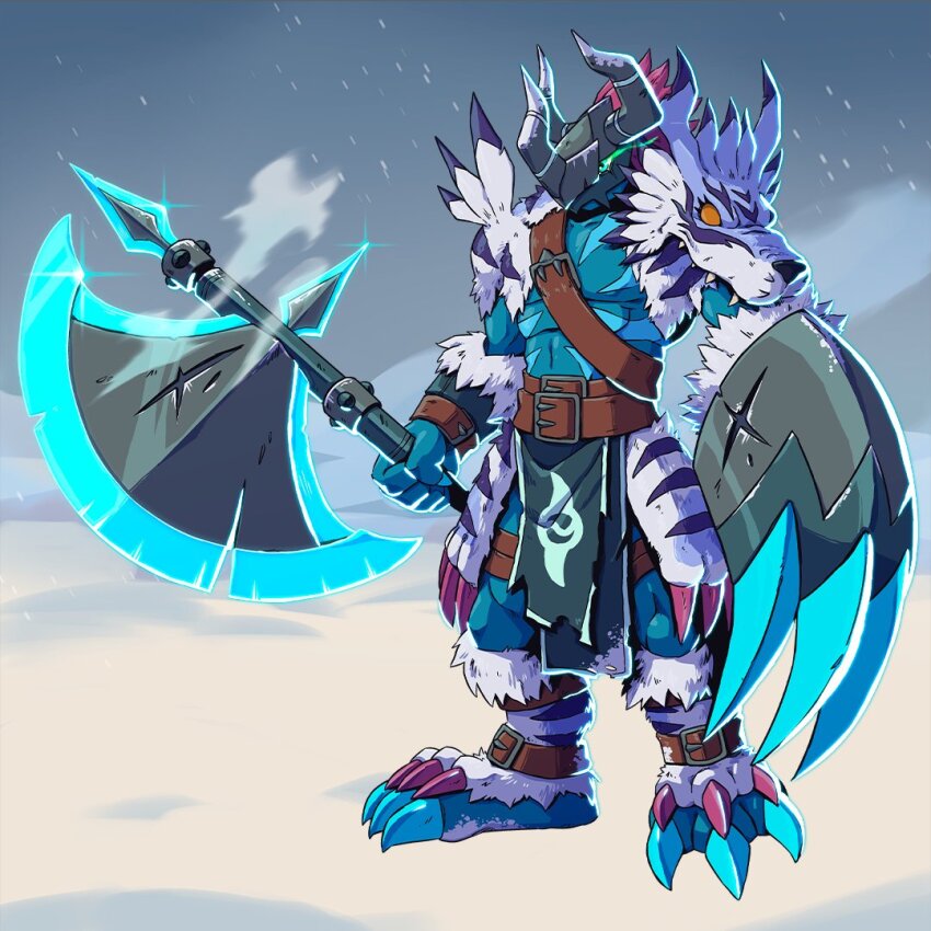 addriano_divino armor axe belt claws digimon digimon_(creature) garurumon oridigi original solo wargreymon yukiagumon