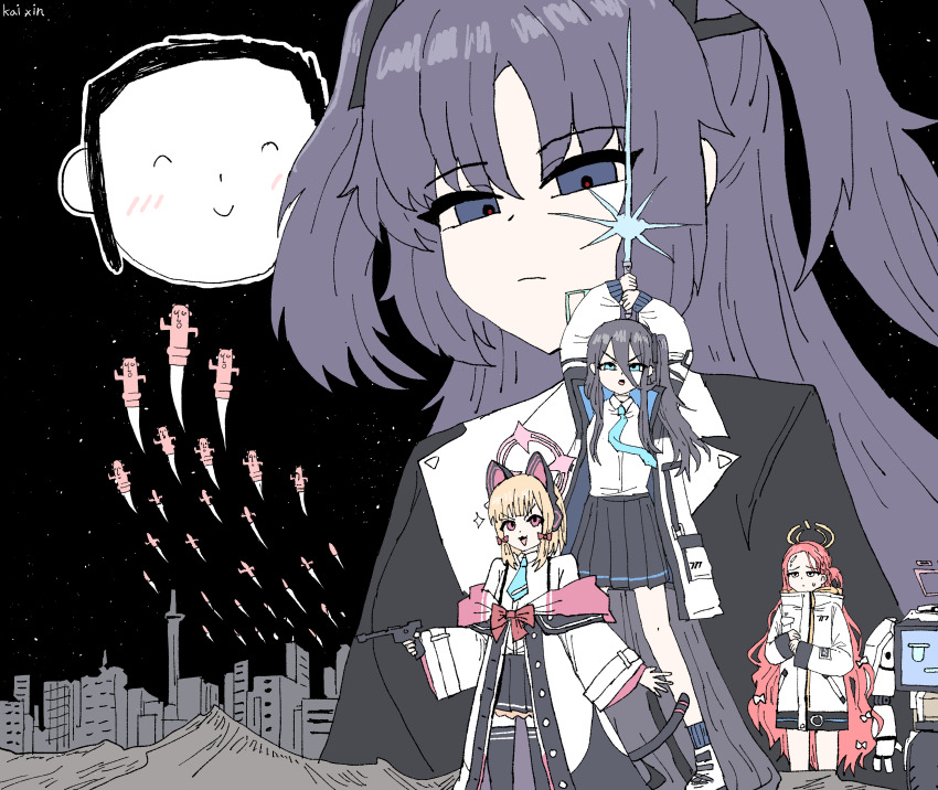 1boy 4girls absurdly_long_hair absurdres animal_ear_headphones animal_ears aqua_halo aris_(blue_archive) black_hair black_skirt black_thighhighs blonde_hair blue_archive blue_lightsaber blue_necktie cat_ear_headphones cat_ears cat_tail doodle_sensei_(blue_archive) energy_sword fake_animal_ears fake_tail hair_between_eyes hair_ornament halo haniwa_(statue) headphones highres holding holding_weapon jacket kai_xin kei_(amas)_(blue_archive) lightsaber long_hair long_hair_between_eyes long_sleeves miniskirt momoi_(blue_archive) multiple_girls necktie non-humanoid_robot one_side_up parody pink_eyes pink_halo pleated_skirt purple_eyes purple_hair rectangular_halo red_hair robot sensei_(blue_archive) short_hair skirt smile star_wars star_wars:_a_new_hope sword tail thighhighs triangle_hair_ornament two_side_up very_long_hair weapon white_jacket yellow_halo yuuka_(blue_archive) yuzu_(blue_archive)