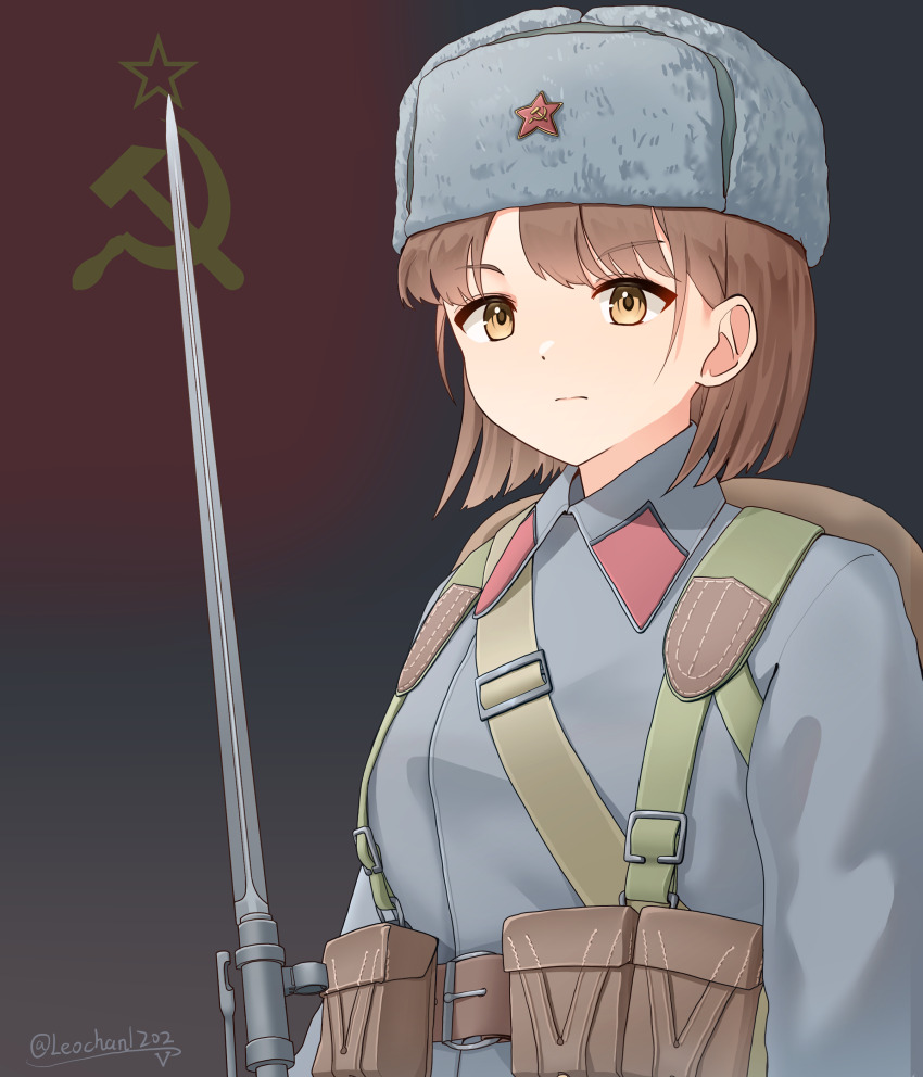 1girl absurdres ammunition_pouch artist_name backpack bag bayonet belt bolt_action brown_belt brown_hair closed_mouth collar_tabs commentary flag_background grey_hat grey_jacket gun hammer_and_sickle hat highres jacket leochan1202 military military_uniform mosin-nagant original pouch red_star rifle solo soviet soviet_army soviet_flag star_(symbol) upper_body ushanka weapon world_war_ii yellow_eyes