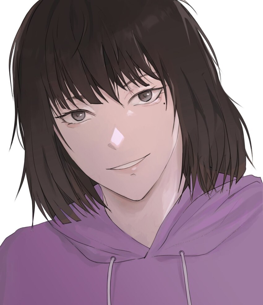 1girl :d aegyo_sal black_hair blunt_bangs bob_cut commentary emosunfish english_commentary han_sooyoung head_tilt highres hood hood_down hoodie looking_at_viewer mole mole_under_eye omniscient_reader&#039;s_viewpoint open_mouth portrait purple_hair purple_hoodie short_hair smile solo straight-on