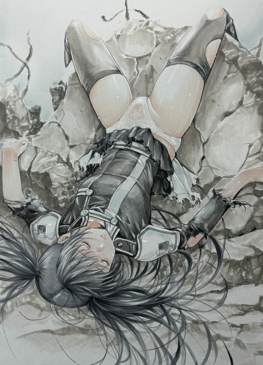 1girl absurdres armor black_hair black_thighhighs breasts closed_eyes clothes_lift commentary_request d.gray-man debris highres katsu_(24791909) lenalee_lee long_hair lying marker_(medium) on_back panties pantyshot shoulder_armor skirt skirt_lift small_breasts solo thighhighs torn_clothes traditional_media twintails unconscious underwear white_panties