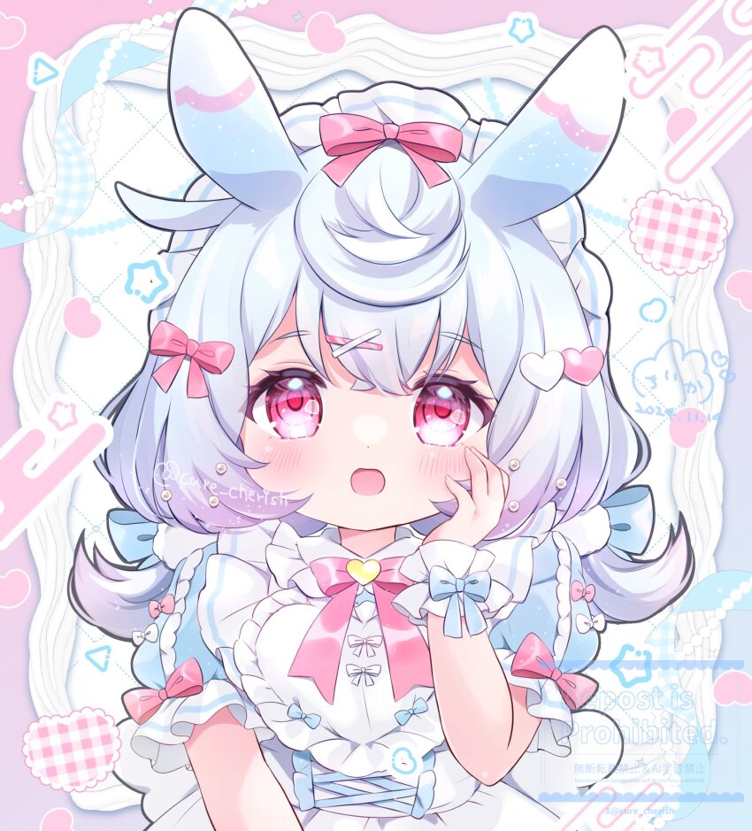 1girl animal_ears artist_request blue_bow blush bow bowtie chiika_(cure_cherish) commentary_request dated fingernails frilled_hairband frilled_wrist_cuffs frills genshin_impact gradient_sleeves hair_bow hair_ornament hairband hairclip hand_on_own_face hand_up highres looking_at_viewer open_mouth pink_hair red_bow red_bowtie red_eyes short_sleeves sigewinne_(genshin_impact) signature solo upper_body white_bow white_hair white_hairband white_wrist_cuffs wrist_cuffs