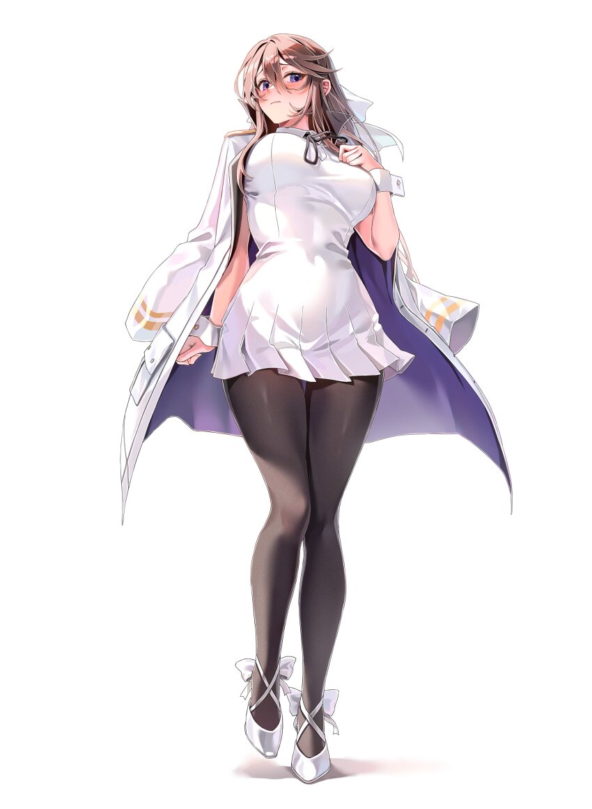 1girl absurdres arm_at_side black_pantyhose black_ribbon blue_eyes blush breasts brown_hair counter:side double-parted_bangs dress full_body hair_between_eyes hand_on_own_chest head_tilt highres jacket large_breasts long_hair looking_at_viewer machulanko neck_ribbon open_clothes open_jacket pantyhose ribbon shin_jia short_dress simple_background solo strappy_heels white_background white_dress white_jacket white_wrist_cuffs wrist_cuffs