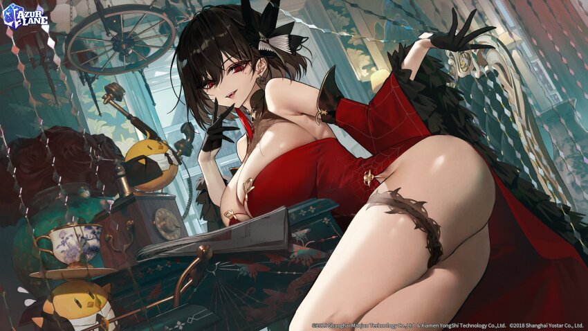 1girl absurdres antique_phone ass azur_lane black_gloves black_hair black_ribbon breasts chien_wu_(azur_lane) cleavage commentary copyright_name cup detached_sleeves dress earrings english_commentary fangs feet_out_of_frame frilled_sleeves frills gloves hair_between_eyes hair_ribbon half_gloves hand_to_own_mouth highres jewelry large_breasts loaded_interior logo looking_at_viewer manjuu_(azur_lane) mismatched_earrings mole mole_under_eye official_art ongdal2 open_mouth red_dress red_eyes ribbon second-party_source short_dress short_hair side_slit sitting skindentation smile solo tassel tassel_earrings teacup thigh_strap watermark wheel wide_sleeves