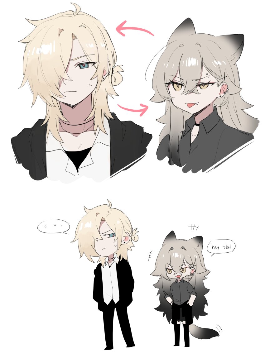 ... 1boy 1girl absurdres animal_ears black_jacket black_pants black_skirt blonde_hair blue_eyes collared_shirt degrees_of_lewdity english_text eyebrow_piercing grey_hair grey_shirt hair_between_eyes hair_over_one_eye highres jacket kai_(drakkai10) multiple_views open_clothes open_jacket original pants piercing shirt shoya_(kai_(drakkai10)) simple_background skirt speech_bubble tail tongue tongue_out white_background white_shirt whitney_(degrees_of_lewdity) whitney_(male)_(degrees_of_lewdity)
