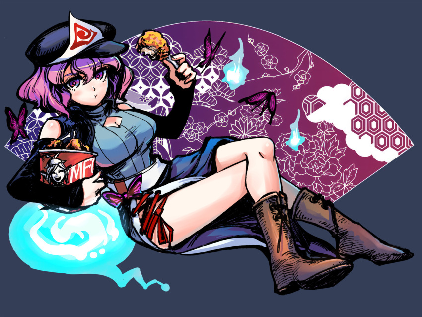 1girl alternate_costume black_background blue_hat breasts bucket_of_chicken bug butterfly chicken_(food) closed_mouth commentary crossed_legs eating food fried_chicken ghost hat heran_hei_mao holding holding_food insect kfc looking_at_viewer mystia_lorelei pink_eyes pink_hair saigyouji_yuyuko saigyouji_yuyuko&#039;s_fan_design short_hair simple_background solo touhou triangular_headpiece visor_cap