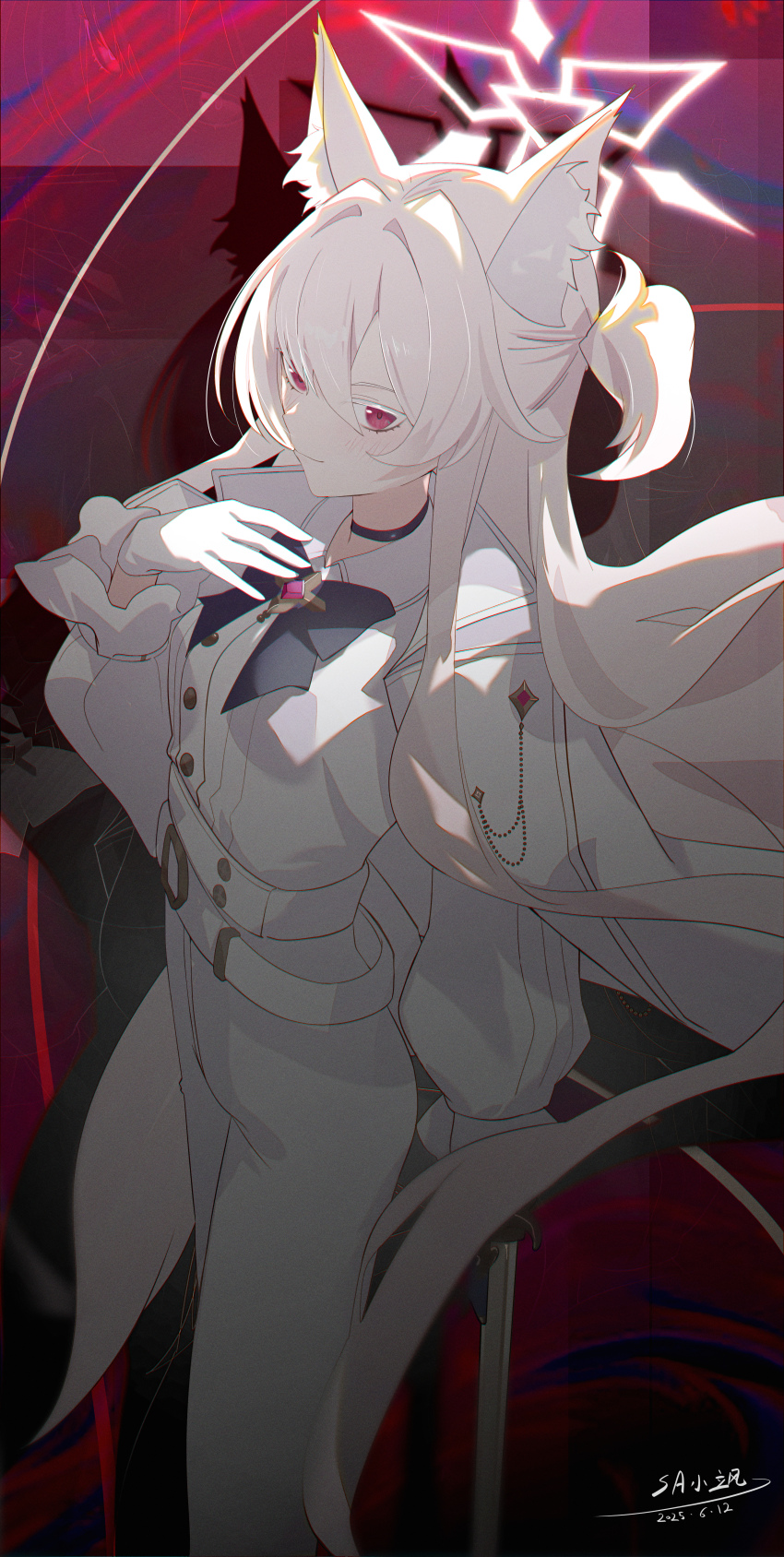 1girl absurdres akira_(blue_archive) animal_ear_fluff animal_ears black_choker blue_archive blue_bow bow cat_ears cat_girl choker closed_mouth gloves hair_between_eyes hayate_(1034853996) highres jacket jacket_on_shoulders long_hair looking_at_viewer pants pink_eyes ponytail shirt short_ponytail sidelocks solo white_gloves white_hair white_jacket white_pants white_shirt