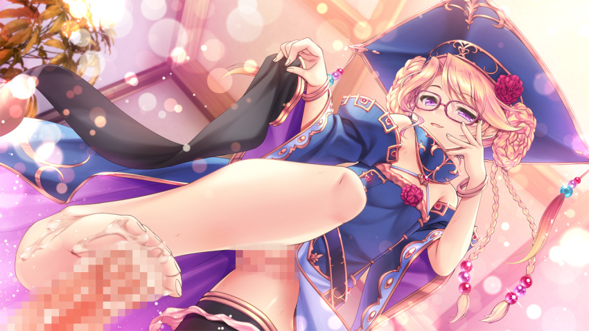 1boy 1girl after_footjob alternate_hairstyle bare_shoulders barefoot bekkankou black_thighhighs blonde_hair blue_dress blue_hat blue_sleeves bracelet braid braided_bun censored cum cum_on_body cum_on_feet detached_sleeves double_bun dress dutch_angle feet flat_chest flower footjob game_cg glasses gold_trim hair_bun hair_ornament hand_on_own_face hat hetero indoors iris_mysteria! jewelry ladis_(iris_mysteria!) light_particles long_hair looking_at_viewer mosaic_censoring official_art open_mouth panties panties_around_leg penis pink_panties purple_eyes pussy red-framed_eyewear red_flower smile soles solo_focus thighhighs toes underwear unworn_thighhighs wide_sleeves