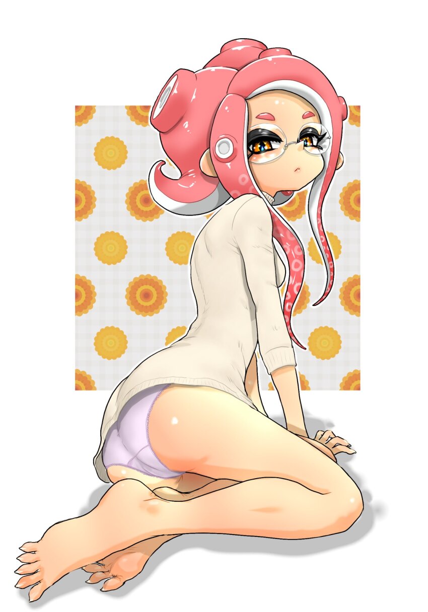 1girl barefoot border closed_mouth commentary_request crotch_seam eyelashes feet glasses highres koharu2.5 long_hair looking_at_viewer nintendo octoling octoling_girl octoling_player_character outside_border panties pantyshot pink_hair sharp_toenails sitting solo splatoon_(series) splatoon_3 tentacle_hair thick_eyebrows toenails toes underwear white_border
