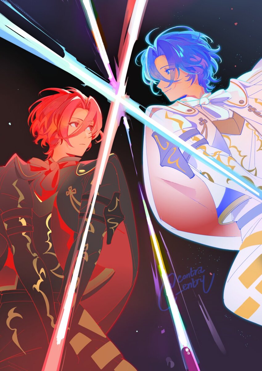 1boy black_capelet blue_eyes blue_hair cape capelet fire_emblem fire_emblem_engage hair_between_eyes highres lamb_(contra_entry) long_sleeves looking_at_another male_alear_(divine_dragon)_(fire_emblem) male_alear_(fell_dragon)_(fire_emblem) male_alear_(fell_dragon_child)_(fire_emblem) male_alear_(fire_emblem) male_focus nintendo official_alternate_color official_alternate_hair_color red_eyes red_hair short_hair white_cape