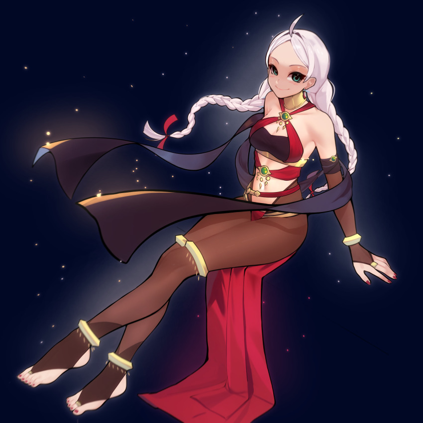 1girl absurdres alternate_costume anklet bare_shoulders blue_eyes bracelet braid breasts bridal_gauntlets bridal_legwear commission commissioner_upload cosplay criss-cross_halter dancer dorothea_arnault_(plegian) dorothea_arnault_(plegian)_(cosplay) fire_emblem fire_emblem_fates fire_emblem_heroes full_body gold_collar halterneck harem_outfit highres jewelry long_hair low_twin_braids low_twintails medium_breasts nail_polish nina_(fire_emblem) nintendo non-web_source parted_bangs pelvic_curtain red_nails shiimidori solo thigh_ring thighlet toe_ring toeless_legwear toenail_polish toenails twin_braids twintails