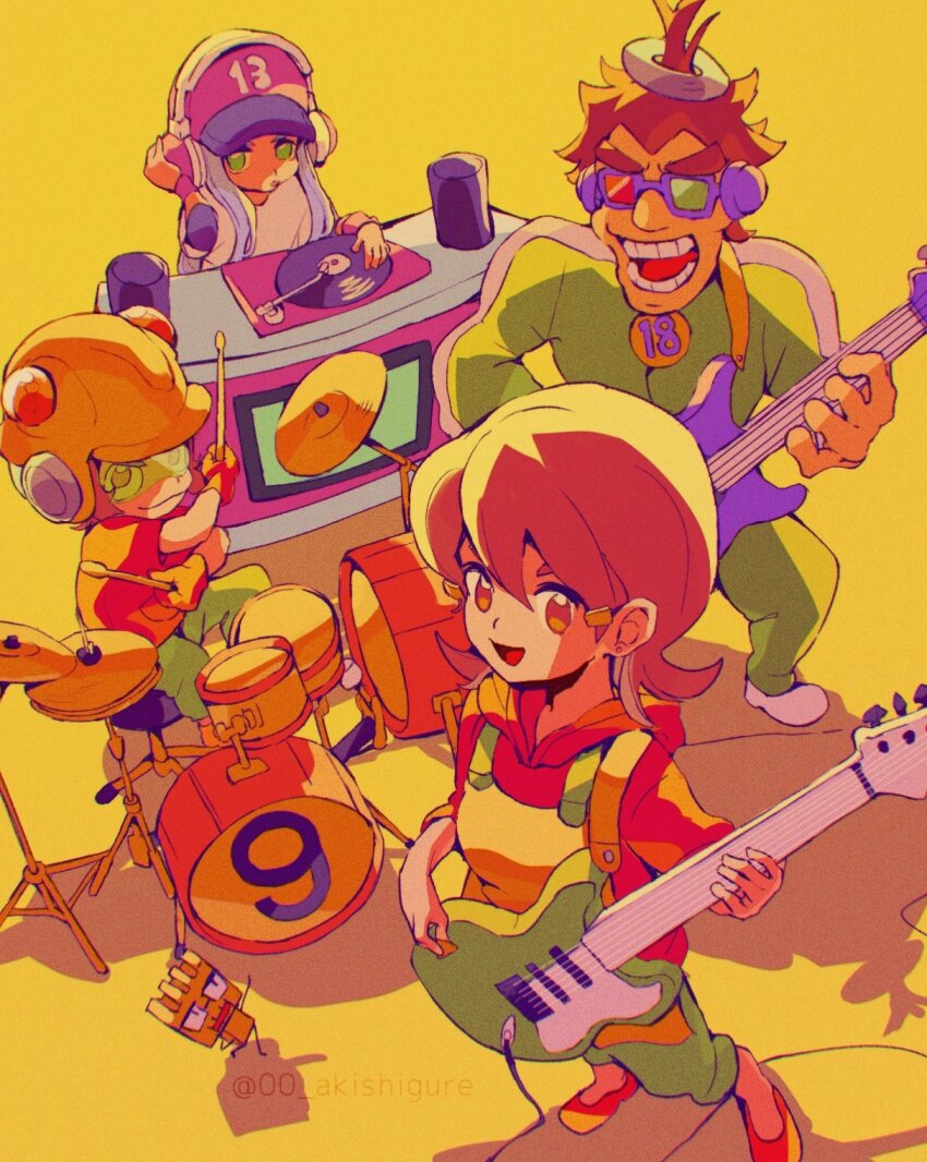 00_akishigure 13-amp 18-volt 2boys 2girls 5-volt 9-volt apron brown_eyes brown_hair dj drum drumsticks electric_guitar fronk green_eyes guitar hat headphones helmet highres holding holding_drumsticks holding_guitar holding_instrument hood hoodie instrument multiple_boys multiple_girls nintendo open_mouth red_hoodie smile tinted_eyewear warioware yellow_background