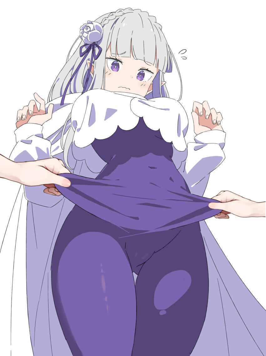 1girl absurdres blunt_bangs blush bodysuit braid breasts cloak clothes_pull crown_braid emilia_(re:zero) flower grey_hair hair_flower hair_ornament hair_ribbon highres hood hooded_cloak koushin_ryo long_hair looking_at_viewer medium_breasts navel pointy_ears purple_bodysuit purple_eyes re:zero_kara_hajimeru_isekai_seikatsu ribbon simple_background white_background white_cloak white_flower white_hair x_hair_ornament