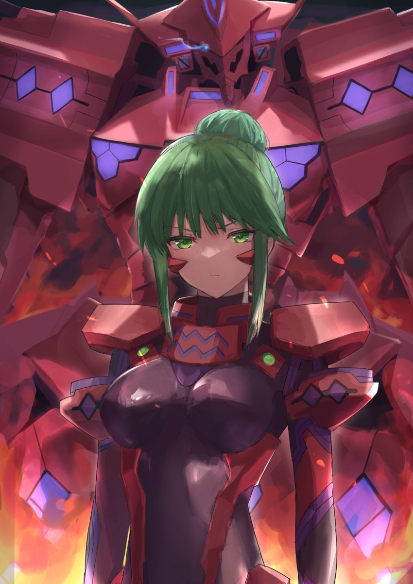 1girl arms_at_sides blue_eyes bodysuit breasts closed_mouth commentary_request eye_trail fire fortified_suit frown glowing glowing_eye green_eyes green_hair hair_bun head_tilt highres ito_t20a light_trail looking_at_viewer mecha mecha_pilot_suit medium_breasts muv-luv muv-luv_alternative muv-luv_alternative_(anime) pilot_suit red_bodysuit robot science_fiction shiny_clothes sidelocks single_hair_bun skin_tight tactical_surface_fighter tsukuyomi_mana tsurime type_00_takemikazuchi upper_body v-shaped_eyebrows