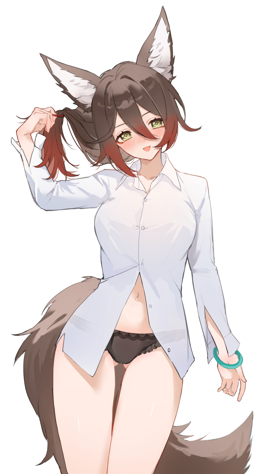 1girl absurdres animal_ears black_panties blush bracelet breasts brown_hair collared_shirt cowboy_shot fox_ears fox_girl fox_tail gluteal_fold gradient_hair green_eyes hair_between_eyes highres honkai:_star_rail honkai_(series) jewelry kuqfh legs_together long_bangs looking_at_viewer medium_breasts multicolored_hair navel no_pants nose_blush open_mouth panties partially_unbuttoned shirt sidelocks simple_background solo stomach tail thigh_gap tingyun_(honkai:_star_rail) underwear untying_hair white_background white_shirt