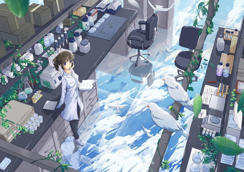 1girl absurdres beaker bird blue_eyes blue_sky book bottle box brown_hair chair clipboard closed_lab_coat cloud desk drawer from_above gloves highres lab_coat laboratory morisan office_chair open_book original paper pencil plant ponytail reflective_floor short_hair sky standing swivel_chair test_tube test_tube_rack vines weighing_scale