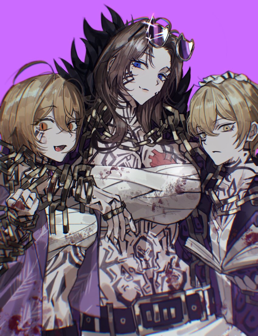 1boy 2girls belt blonde_hair blue_eyes book breasts chanil_(muexlku) chest_sarashi don_quixote_(project_moon) eyewear_on_head frown fur_collar headpat highres large_breasts limbus_company middle_(identity)_(project_moon) multiple_expressions multiple_girls navel orange_eyes project_moon purple_background rodion_(project_moon) sarashi sinclair_(project_moon) smile sunglasses tattoo teeth toned toned_female upper_teeth_only yellow_eyes