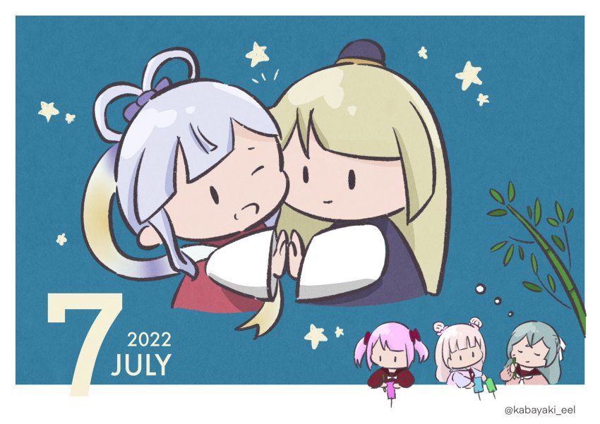 2022 5girls ;d alternate_hairstyle aqua_hair assault_lily bamboo blonde_hair blue_background blue_jacket blunt_bangs border bow bowtie brown_cardigan brown_sailor_collar cardigan cheek-to-cheek chibi closed_eyes closed_mouth commentary_request cosplay cropped_torso crossed_bangs double_bun eye_contact gradient_hair grey_hair hair_bow hair_bun hair_rings half_updo hand_up hands_up hat heads_together highres hikoboshi hikoboshi_(cosplay) holding holding_hands holding_paintbrush holding_tanzaku imagining jacket july kabayaki_(kabayaki_eel) kanba_girls_high_school_uniform kon_kanaho long_hair long_sleeves looking_at_another looking_at_object mini_hat miyagawa_takane multicolored_hair multicolored_jacket multiple_girls no_mouth notice_lines one_eye_closed open_mouth orihime_(cosplay) orihime_(tanabata) outside_border paintbrush palms_together pink_bow pink_jacket ponytail purple_bow purple_hair purple_headwear purple_shirt red_bow red_shirt sadamori_himeka sailor_collar school_uniform serafuku shirt short_hair short_twintails smile solid_oval_eyes star_(symbol) star_symbol_background tanabata tamba_akari tanzaku toki_kureha twintails twitter_username white_border white_bow white_bowtie white_sleeves wide_sleeves yuri
