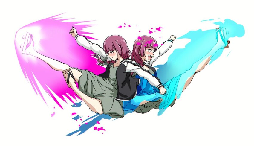 1girl aura black_jacket black_nails blush bocchi_the_rock! clenched_hands dress fighting_game geta green_dress hiroi_kikuri hokuto_no_ken jacket multiple_views nail_polish open_clothes open_jacket persona persona_4:_the_ultimate_in_mayonaka_arena persona_4:_the_ultimax_ultra_suplex_hold purple_hair satonaka_chie shin_(hokuto_no_ken) sleeveless sleeveless_dress thighs toenail_polish toenails torako_(toramaru) white_background
