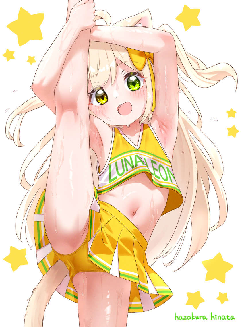 1girl ahoge animal_ears armpits artist_name blonde_hair blush bow cat_ears cat_girl cat_tail cheerleader commentary_request cowboy cowboy_shot dot_nose green_eyes hair_bow hazakura_hinata heterochromia highres holding_own_leg kurumi_(hazakura_hinata) leg_up long_hair looking_at_viewer navel open_mouth original panties shirt skirt sleeveless sleeveless_shirt smile solo speech_bubble split standing standing_on_one_leg standing_split star_(symbol) stomach sweat tail text_print textless_version underwear western white_background yellow_bow yellow_eyes yellow_panties yellow_shirt yellow_skirt