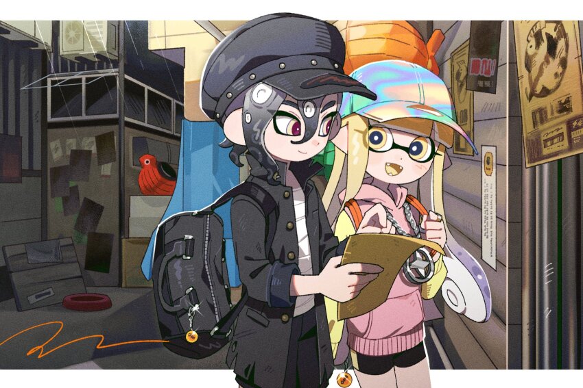 1boy 1girl bag bag_charm baseball_cap black_bag black_hair black_hat black_jacket black_pants black_shorts blonde_hair blue_eyes bright_pupils chain chain_necklace charm_(object) chest_sarashi closed_mouth colored_tongue commentary_request fangs golden_egg_(splatoon) gradient_hair hair_between_eyes hat hg_swdiary highres holding holding_paper holographic_clothing hood hood_down hoodie inkling inkling_girl inkling_player_character jacket jewelry korean_commentary letterboxed long_hair looking_at_another midriff_sarashi multicolored_eyes multicolored_hair necklace nintendo octoling octoling_boy octoling_player_character open_clothes open_jacket open_mouth pants paper peaked_cap pink_hoodie pointy_ears purple_eyes purple_hair ring salmon_run_(splatoon) sarashi short_hair shorts shoulder_bag smile splatoon_(series) tentacle_hair two-tone_eyes two-tone_hair white_hair white_pupils yellow_eyes yellow_sleeves yellow_tongue