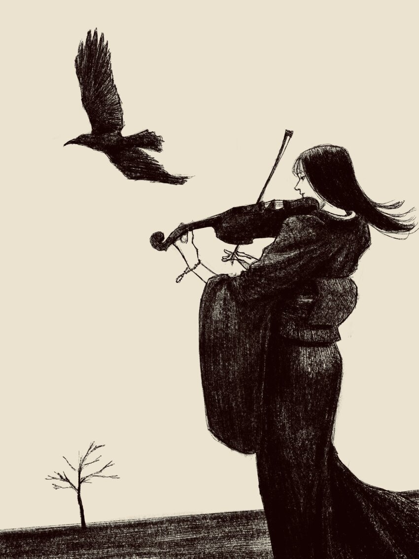 1girl bare_tree black_hair black_kimono black_sash greyscale highres holding holding_instrument instrument japanese_clothes kimono long_hair looking_at_object monochrome music original playing_instrument sash solo tp_p_pt tree wide_sleeves