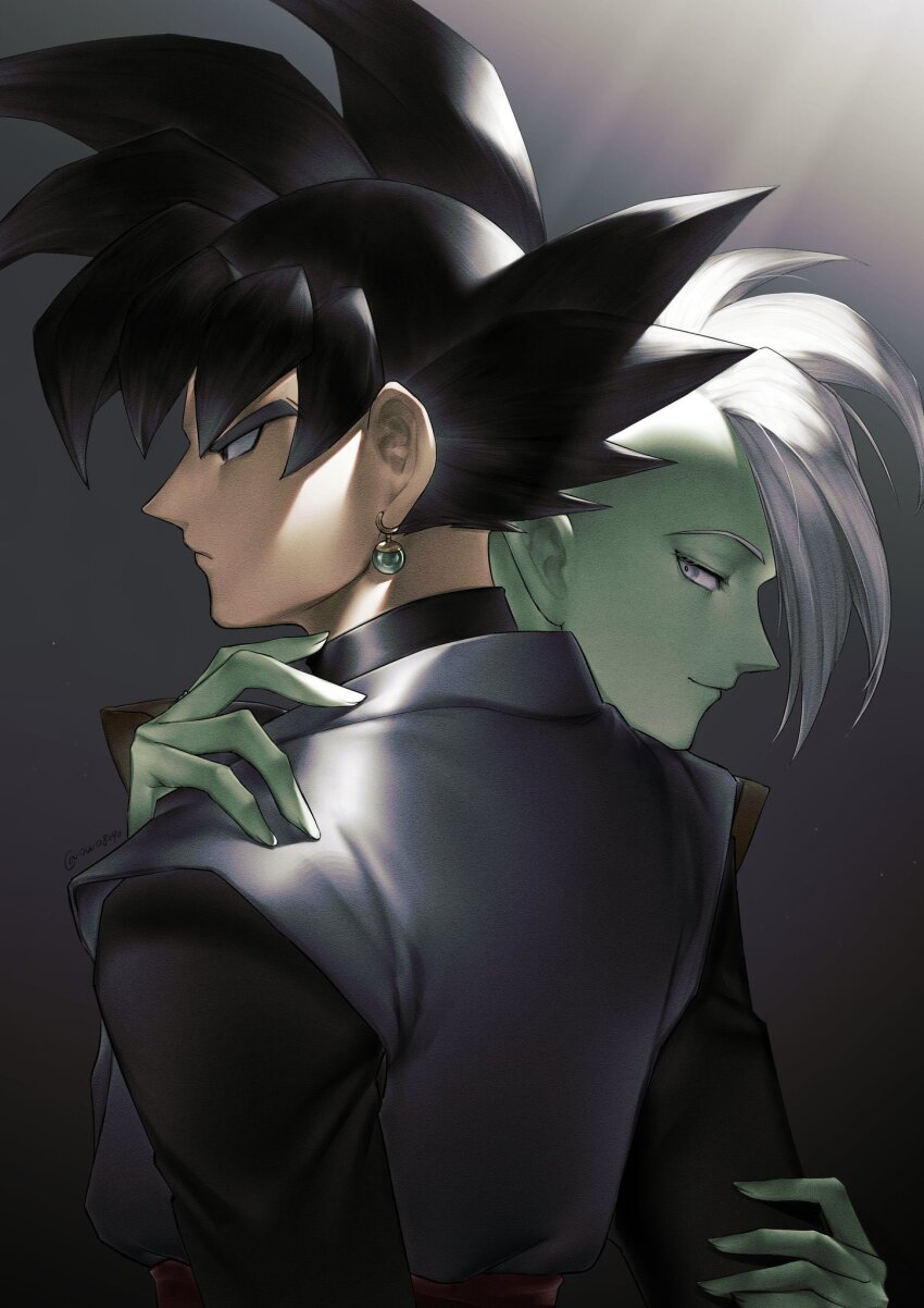 2boys black_dougi black_eyes black_hair colored_skin commentary_request dougi dragon_ball dragon_ball_super earrings film_grain gem goku_black green_gemstone green_skin grey_background grey_eyes hand_on_another&#039;s_arm hand_on_another&#039;s_shoulder highres jewelry kaioushin looking_ahead looking_at_another looking_back male_focus mohawk multiple_boys owo8090 pointy_ears potara_earrings profile short_hair single_earring smirk sphere_earrings spiked_hair white_hair zamasu