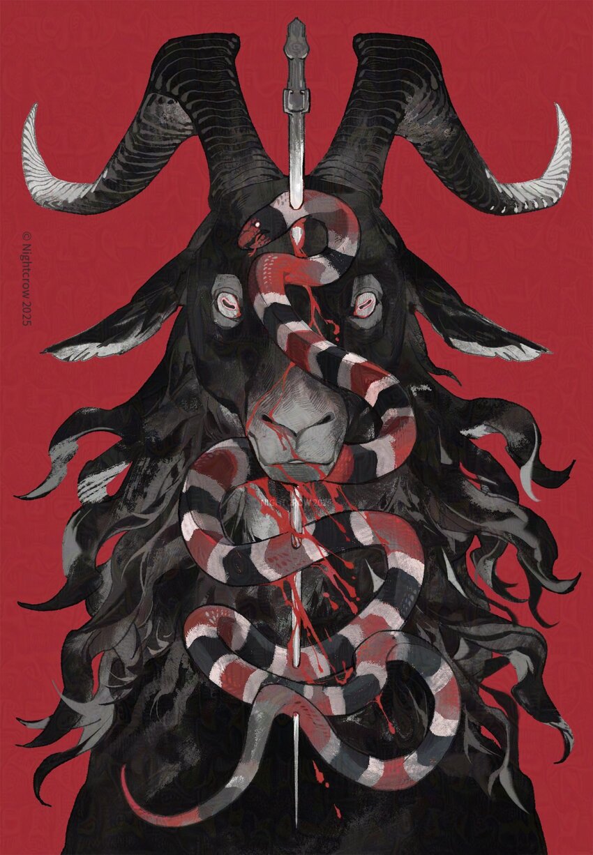 animal animal_focus black_fur blood blood_spray bloody_weapon goat goat_horns highres horizontal_pupils horns impaled looking_at_viewer nightcrow no_humans original red_background simple_background slit_pupils snake stab sword weapon