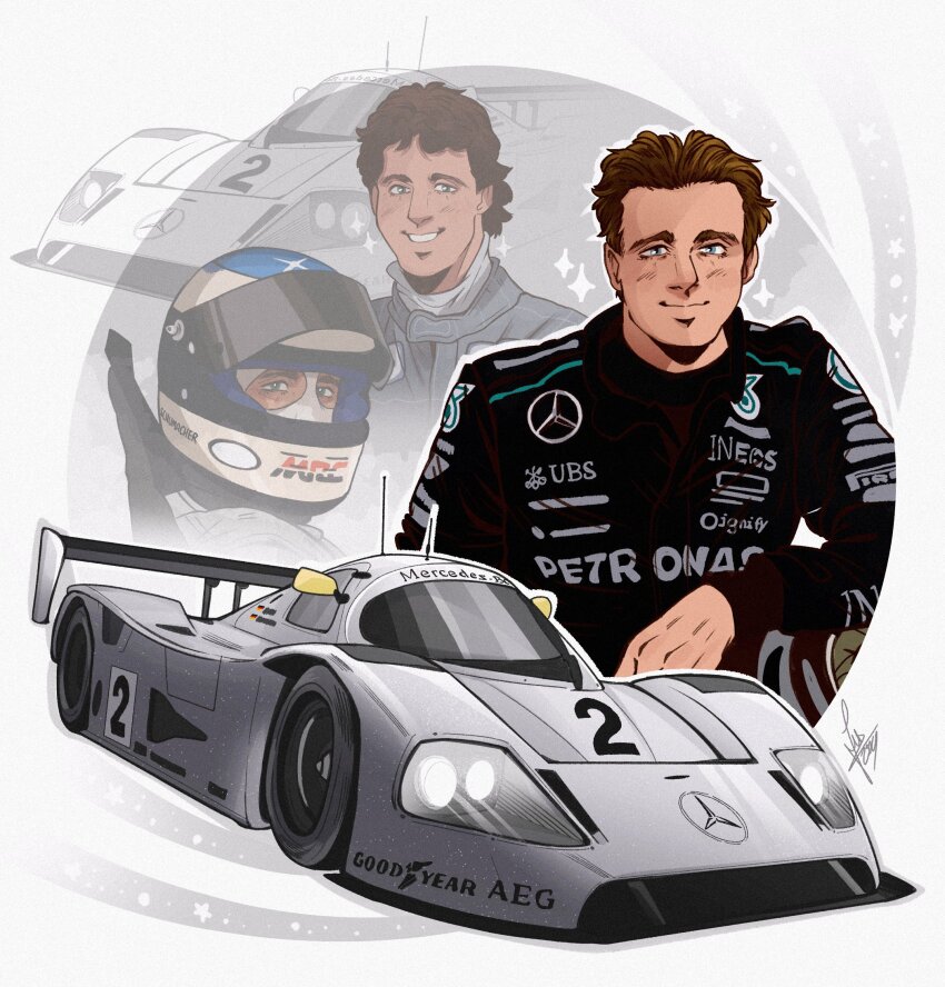 blue_eyes brown_hair car formula_one goodyear helmet highres le_mans_prototype looking_at_viewer male_focus mercedes-benz mercedes-benz_c11 michael_schumacher mick_schumacher motor_vehicle race_vehicle racecar racing_suit real_life schumisnoopy signature smile sparkle spoon vehicle_focus white_helmet world_sportscar_championship