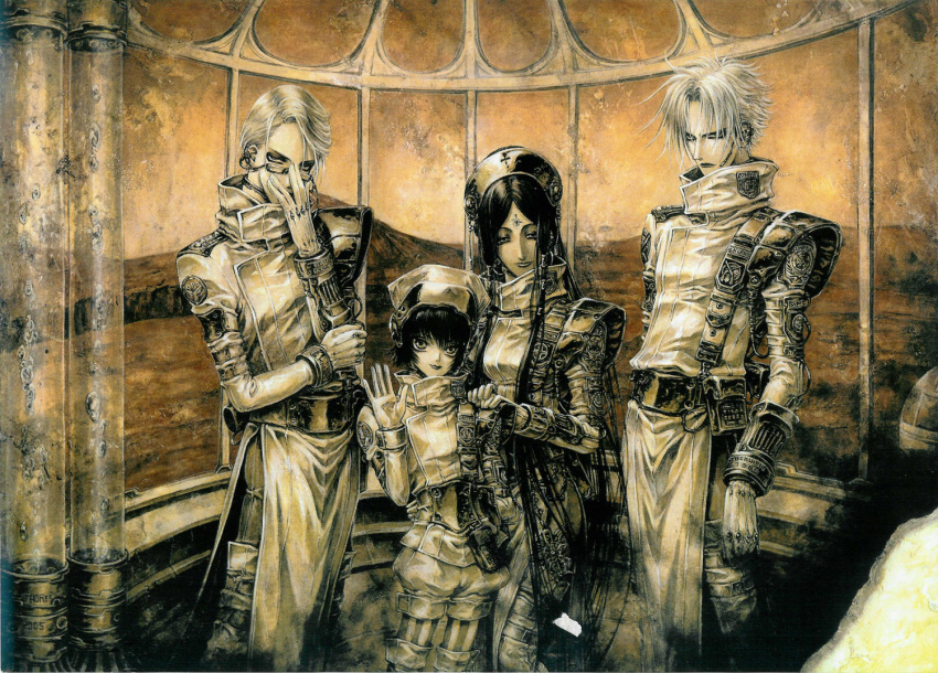 00s 2boys 2girls abel_nightroad adjusting_eyewear belt black_hair cain_nightroad desert facial_mark forehead_mark glasses gloves hat height_difference lilith_sahl long_hair looking_at_viewer multiple_boys multiple_girls nurse_cap official_art outdoors serious seth_nightroad shibamoto_thores short_hair shorts smile standing steampunk trinity_blood tube waving white_hair