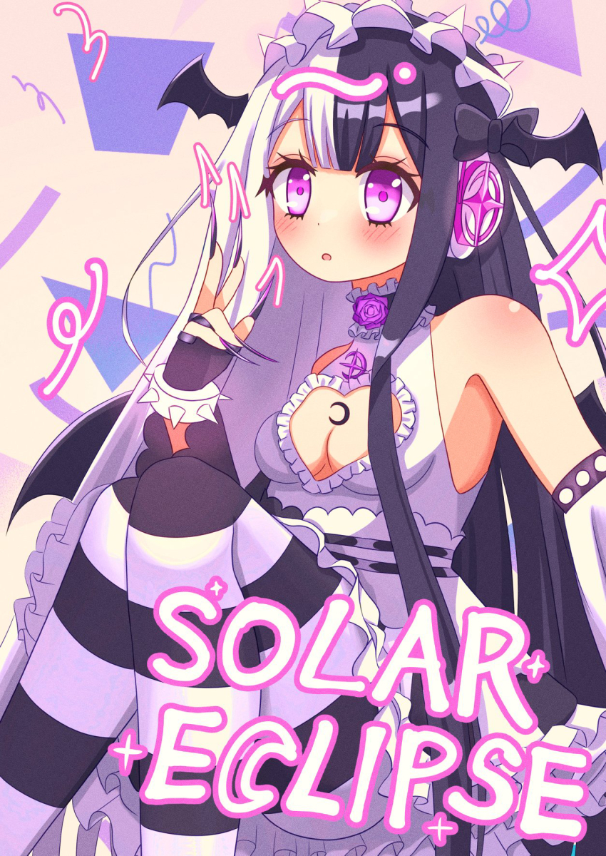 1girl :o beatmania_(series) beatmania_iidx bemani black_bow black_choker black_hair black_nails black_pantyhose black_wings blush bow breast_tattoo breasts character_name choker cleavage cleavage_cutout clothing_cutout commentary_request crescent_tattoo feet_out_of_frame fingernails flower flower_brooch frilled_choker frills hair_bow head_wings headphones heart_cutout highres long_hair looking_at_viewer maid_headdress multicolored_hair open_mouth pantyhose pink_eyes purple_flower purple_rose rose sharp_fingernails shirt sleeveless sleeveless_shirt small_breasts solar_eclipse_(bemani) solo split-color_hair striped_clothes striped_pantyhose suit_a tattoo two-tone_hair very_long_fingernails w white_hair white_pantyhose white_shirt wings