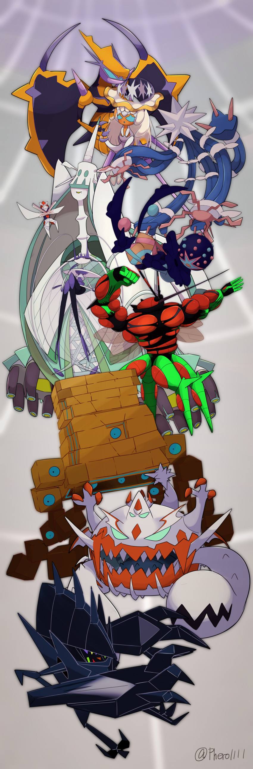:o a-nya absurdres alternate_color antennae blacephalon blue_eyes brick buzzwole celesteela claws commentary_request dragon dragon_wings eyelashes gen_7_pokemon guzzlord highres jellyfish kartana legendary_pokemon muscular naganadel necrozma necrozma_(normal) nihilego nintendo no_humans open_mouth pheromosa poipole pokemon pokemon_(creature) purple_eyes sharp_teeth shiny_pokemon spikes stakataka teeth tentacles twitter_username ultra_beast wings xurkitree