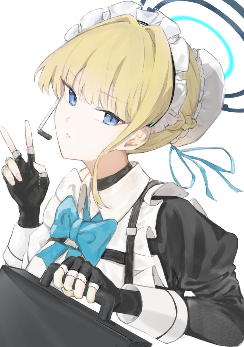 1girl apron black_gloves blonde_hair blue_archive blue_bow blue_bowtie blue_eyes blue_halo blue_ribbon bow bowtie braid briefcase closed_mouth earpiece expressionless fingerless_gloves gloves hair_bun hair_ornament hair_ribbon halo highres holding juliet_sleeves long_sleeves looking_at_viewer maid maid_headdress puffy_sleeves qwq22565156 ribbon sidelocks simple_background single_hair_bun solo toki_(blue_archive) upper_body v white_background