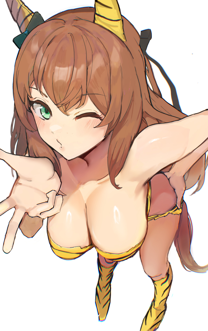 1girl absurdres amepa_(ame_pinecandy) animal_ears animal_print bikini blowing_kiss boots breasts brown_hair cleavage collarbone commentary_request cosplay foreshortening from_above green_eyes hand_on_own_hip highres horse_ears horse_girl knee_boots legs long_hair looking_at_viewer lum lum_(cosplay) maruzensky_(umamusume) medium_breasts one_eye_closed revision solo striped_bikini striped_clothes swimsuit tail tiger_print tiger_stripes umamusume urusei_yatsura very_long_hair yellow_bikini