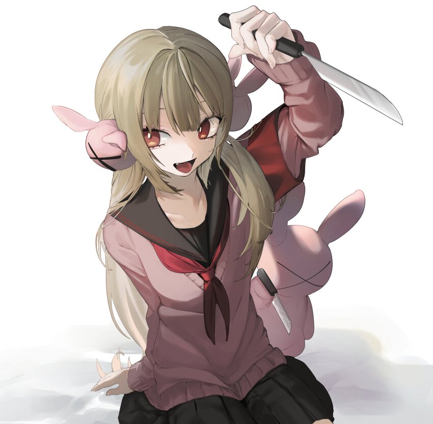 1girl absurdres black_sailor_collar brown_hair cardigan fang hair_ornament hashtag-only_commentary highres holding holding_knife knife long_hair long_sleeves looking_at_viewer natori_sana natori_sana_(school_uniform) neckerchief open_mouth pink_cardigan pleated_skirt rabbit_hair_ornament red_eyes red_neckerchief sailor_collar sana_channel school_uniform simple_background sitting skirt solo stuffed_animal stuffed_rabbit stuffed_toy tongue twintails umashio_potechi-san virtual_youtuber weapon white_background