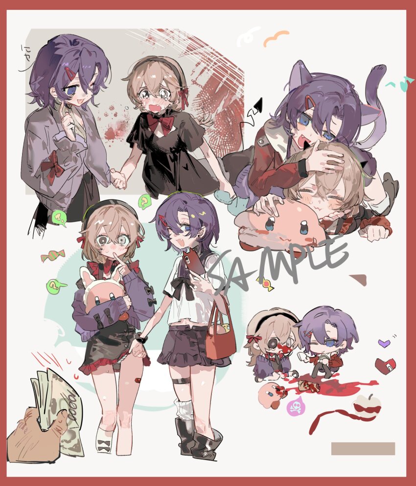 1boy 1girl 2girls absurdres animal_ears bag black_dress blue_eyes blush border bow bowtie candy cardigan cat_ears cat_tail chibi chibi_inset crying dress food hair_between_eyes hair_ornament hairclip highres holding holding_hands lollipop long_sleeves money multiple_girls original purple_hair qyzhiaiyisheng red_border sailor_collar sample_watermark school_uniform shirt short_hair skirt socks stuffed_toy tail thigh_strap watermark